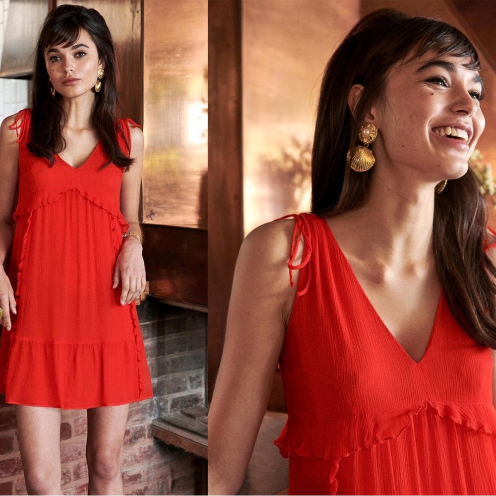 Sézane Robe Albertina Corail Silk Ruffle Trim A-Line Mini Dress Red 36 US-4